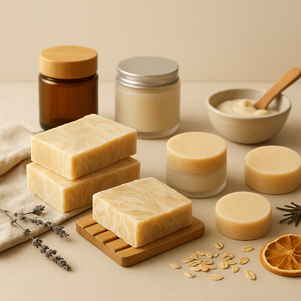 Handgefertigte Seifen und Naturkosmetik auf einem Studiotisch