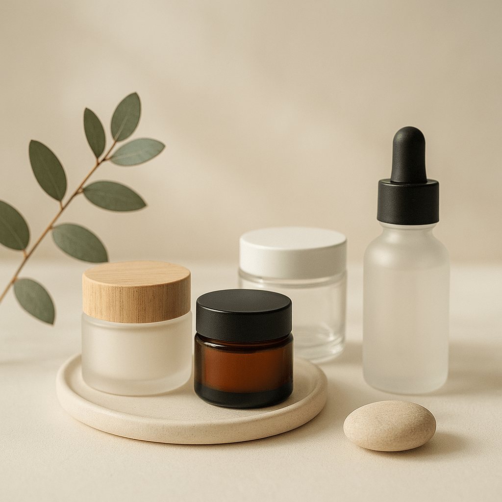 Natürliche Gesichtspflege mit Tiegeln und Fläschchen